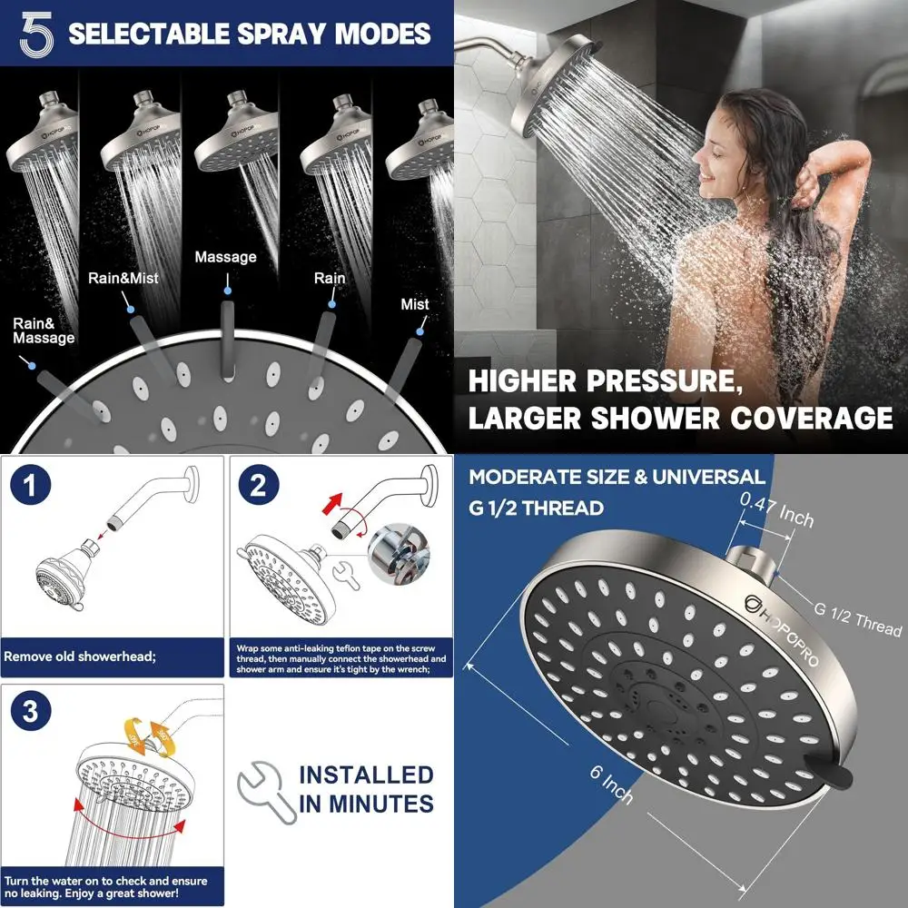 

5-Setting High-Pressure Shower Head - Recommended by Major News Outlets, 6-Inch Brushed Nickel