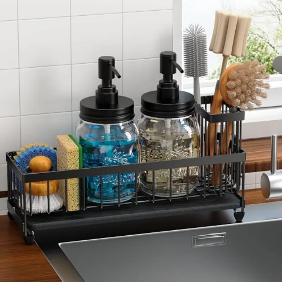

Mason Jar 16 oz Liquid Soap Dispensers Set with Large Kitchen Sink Caddy, Black Rustproof Stainless Steel Pump, Refill Hand Soa