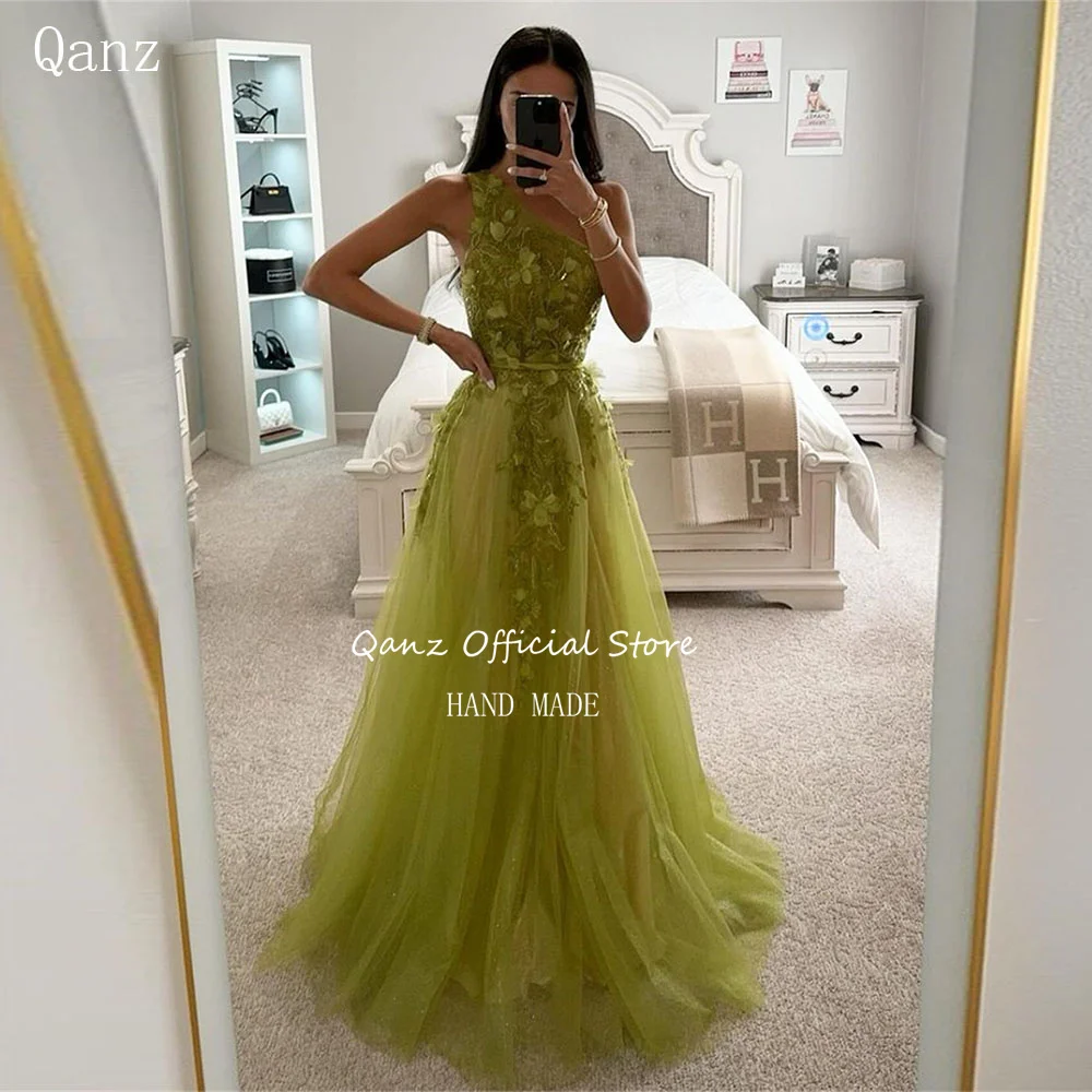 

Qanz One Shoulder Evening Dresses Tulle 3D Flowers Appliques Dubai Luxury Dress Long A Line Vestidos En Oferta Liquidación 2024