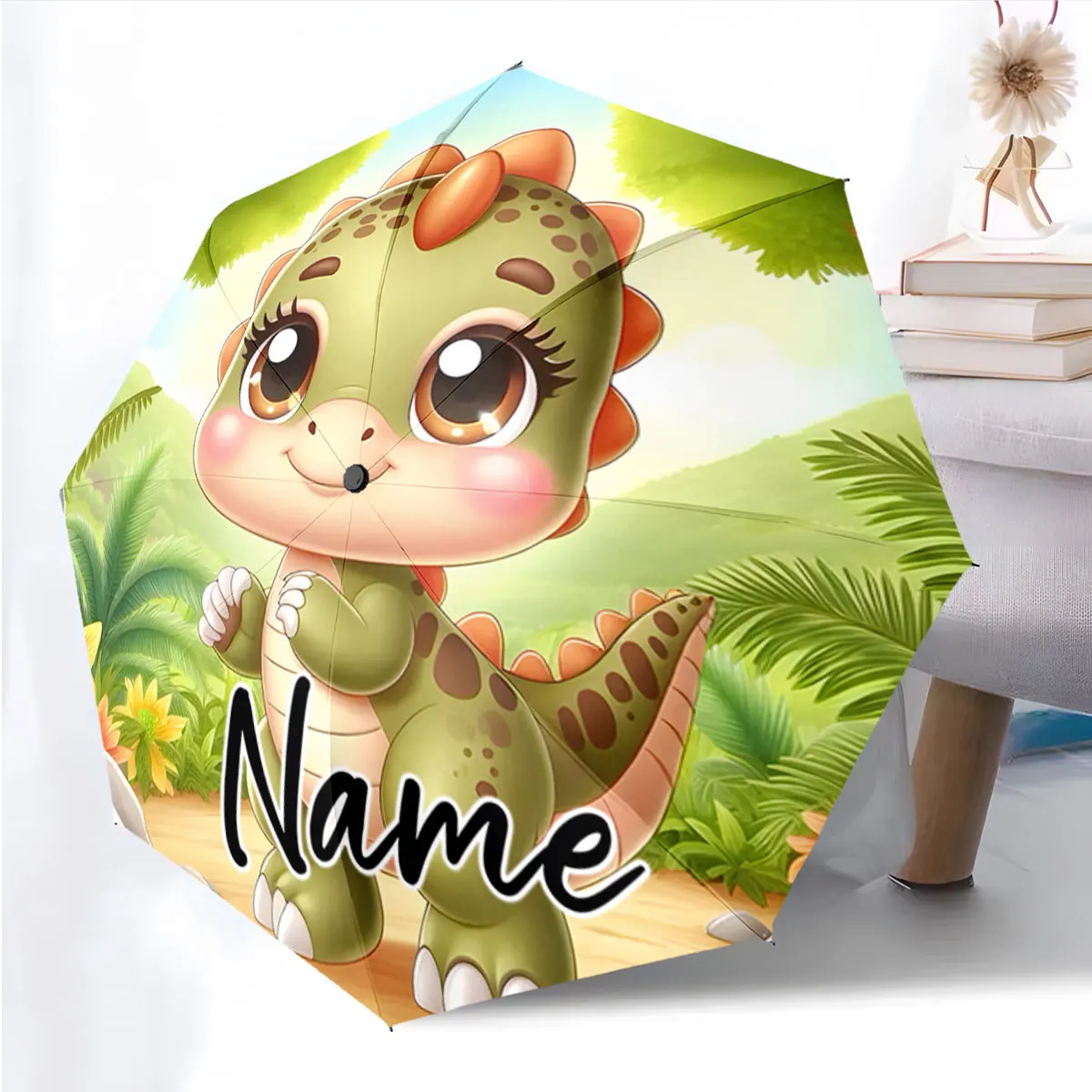Custom Name Umbrella Cute Dinosaur Umbrella with Lush Forest Print 8 Iron Ribs Folding Umbrella Auto-Open Fashion Sunshade