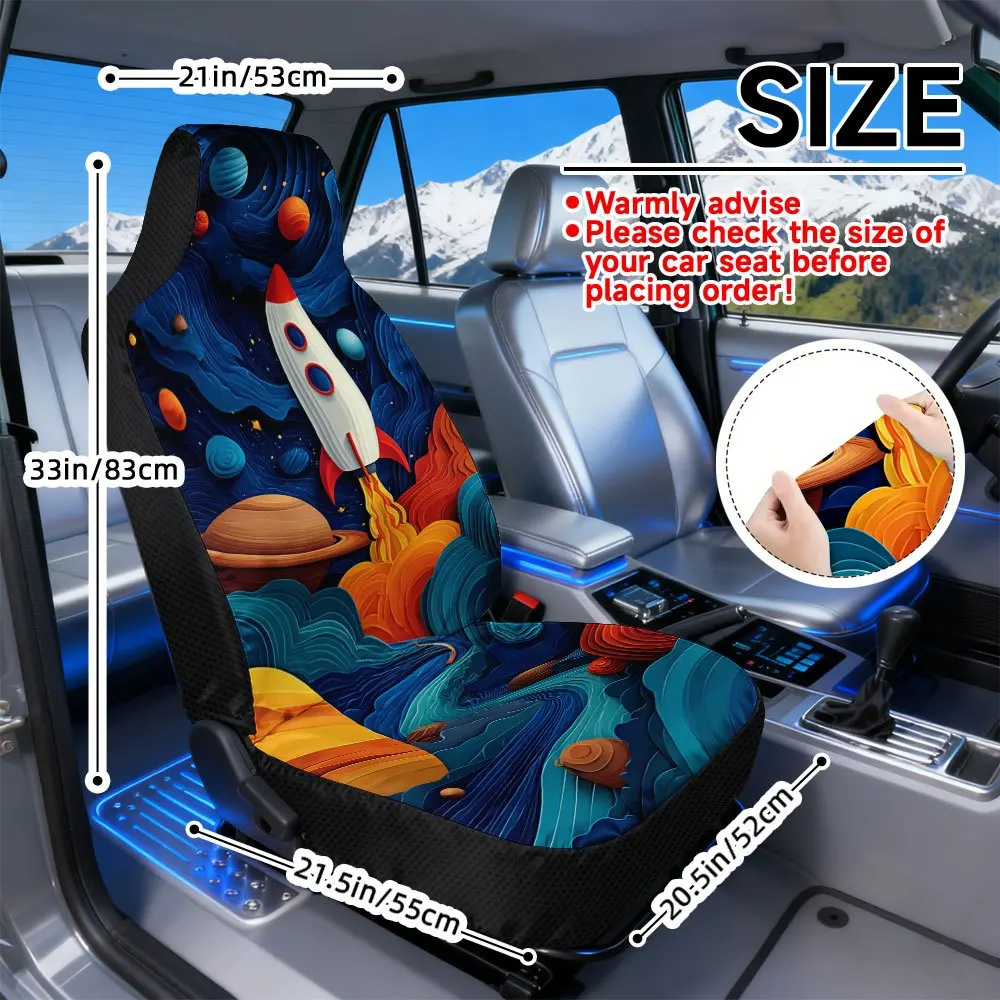 2pcs, Elegant Space Rocket Adventure Design Front Seat Covers, Comfortable And Easy To Clean, Perfect For Driver And Passenger S
