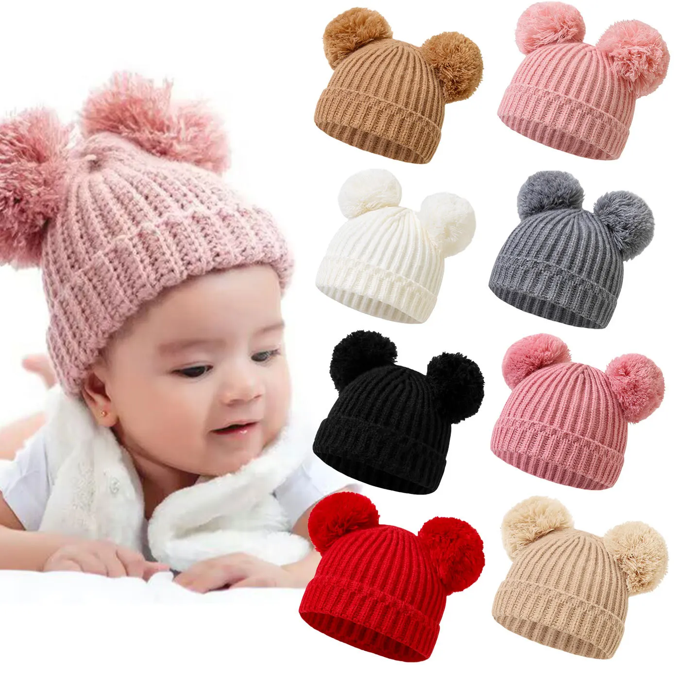 Gorro tejido con pompón grande para bebé, gorro tejido de ganchillo para recién nacidos, gorros con bolas de piel, turbante infantil de 0 a 1 años, invierno