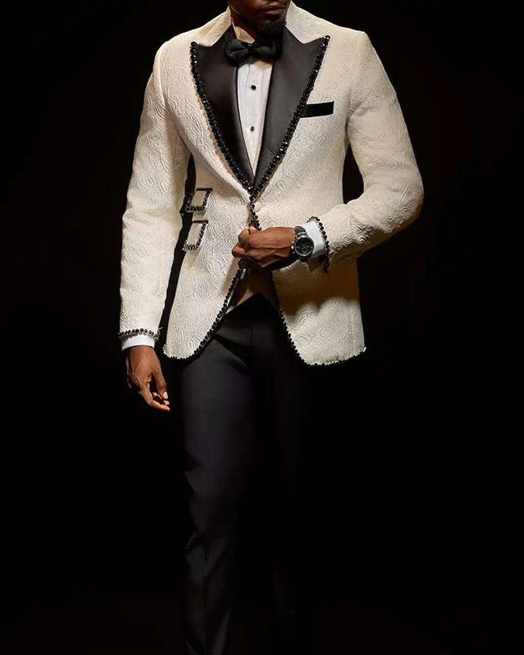 

White Jacquard Crystals Groom Men Suits Set 2 Pcs Blazer+Pants Trousers Autumn Wedding Tuxedos Jacket Formal Office Prom Coat