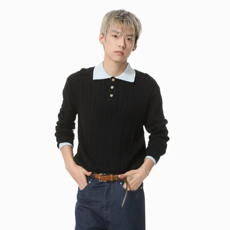 

SYUHGFA мужские свитера в корейском стиле с отложным воротником и пуговицами, дизайн из двух предметов, повседневный вязаный свободный пуловер, мужские топы