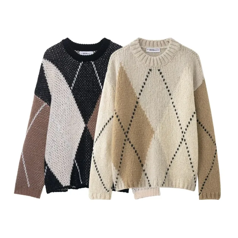 

Женский вязаный свитер с ромбовидным узором, осень-зима, повседневная мода, пуловеры с круглым вырезом и длинными рукавами, винтажные женские свободные топы