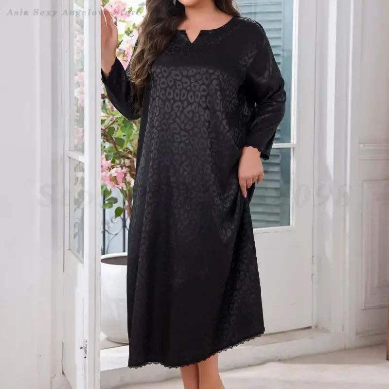 

Leopard Print Long Nightgown Large Size 4XL 5XL Nightdress Silky Satin Home Wear Fashion Loose Long Sleeved Sexy Sleepwear Gown