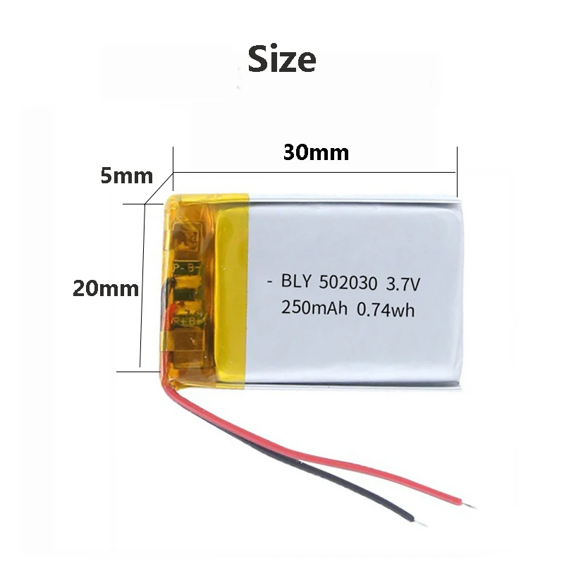 3.7V 250mAh 502030 polymer lithium ion rechargeable battery for toys, LED lights, bluetooth headsets, beauty devices, watches