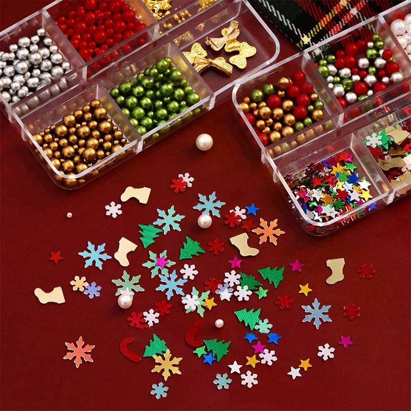 Natal vermelho/verde pérola prego strass tamanho misto perolado contas coloridas nali encantos natal manicure jóias