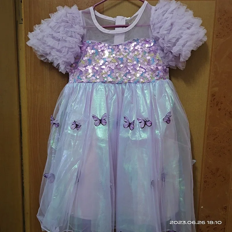 2024 Summer New Girls Butterfly Wings Sequin Splice Dress Children Performance Dress Baby Bubble Sleeve Princess Dress