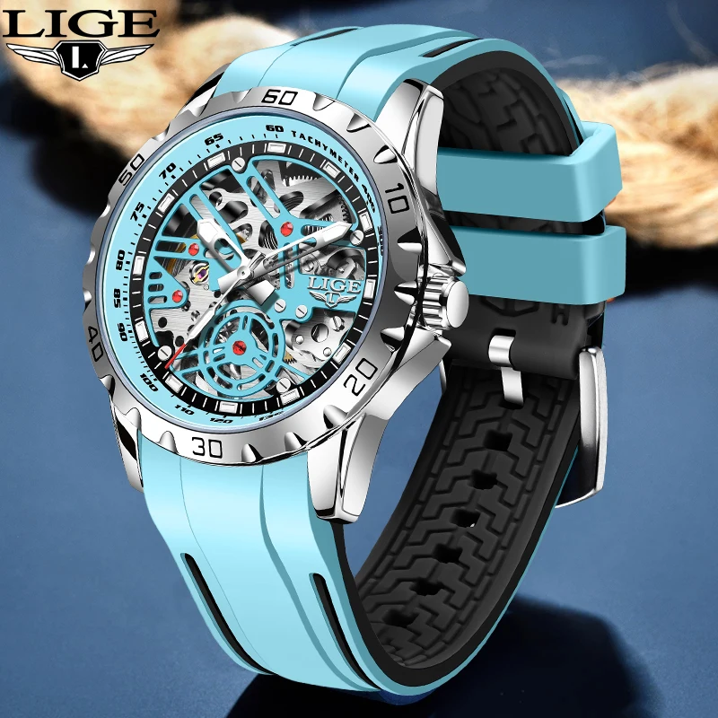 LIGE Outdoor Casual Mechanical Tourbillon Man Watch Fashion Luxury Sport Waterproof Luminous Hollow Automatic Movement Clock+Box