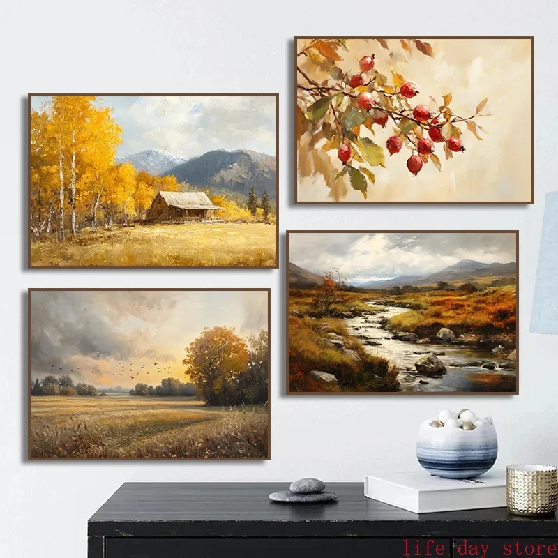 1pc frameless Canvas Painting Autumn Countryside Canvas Painting Field Birch Tree Deer Still Life Fall Leaves Vase Poster Nature