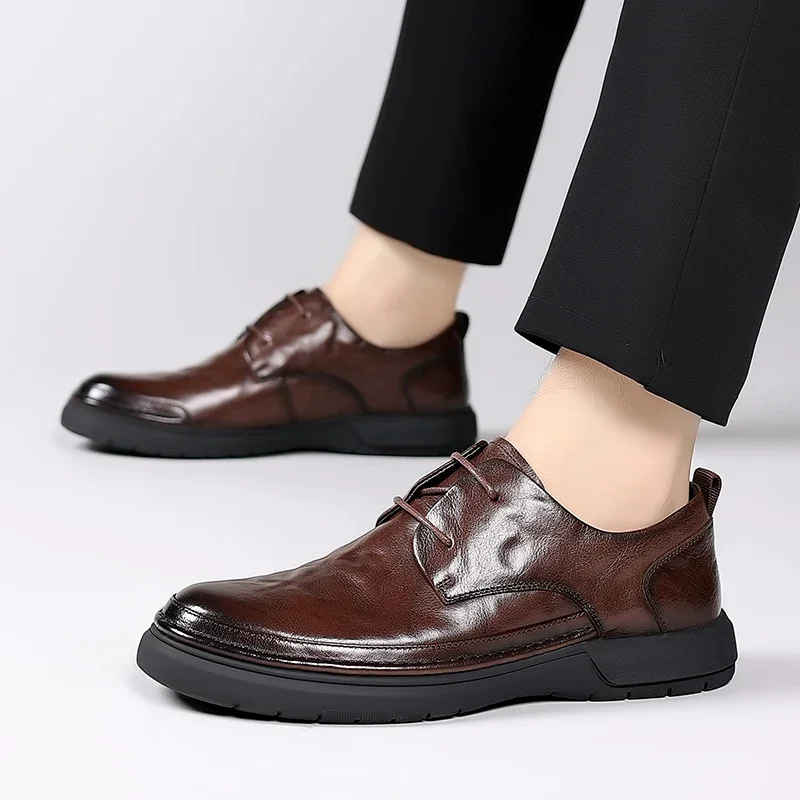 Zapatos Oxford informales de cuero marrón para hombre, mocasines de diseñador, zapatos de vestir formales de negocios, zapatos de oficina de suela gruesa de cuero para adultos