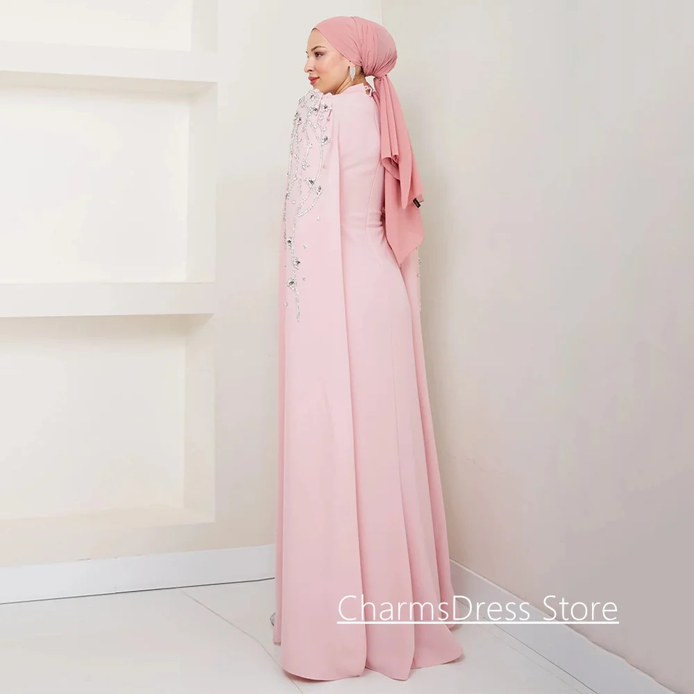 Islamisches Abendkleid, maßgeschneidert, Stehkragen, volle Ärmel, Cape, Kristallperlen, formelles Abendkleid, Hochzeits-Party-Kleider