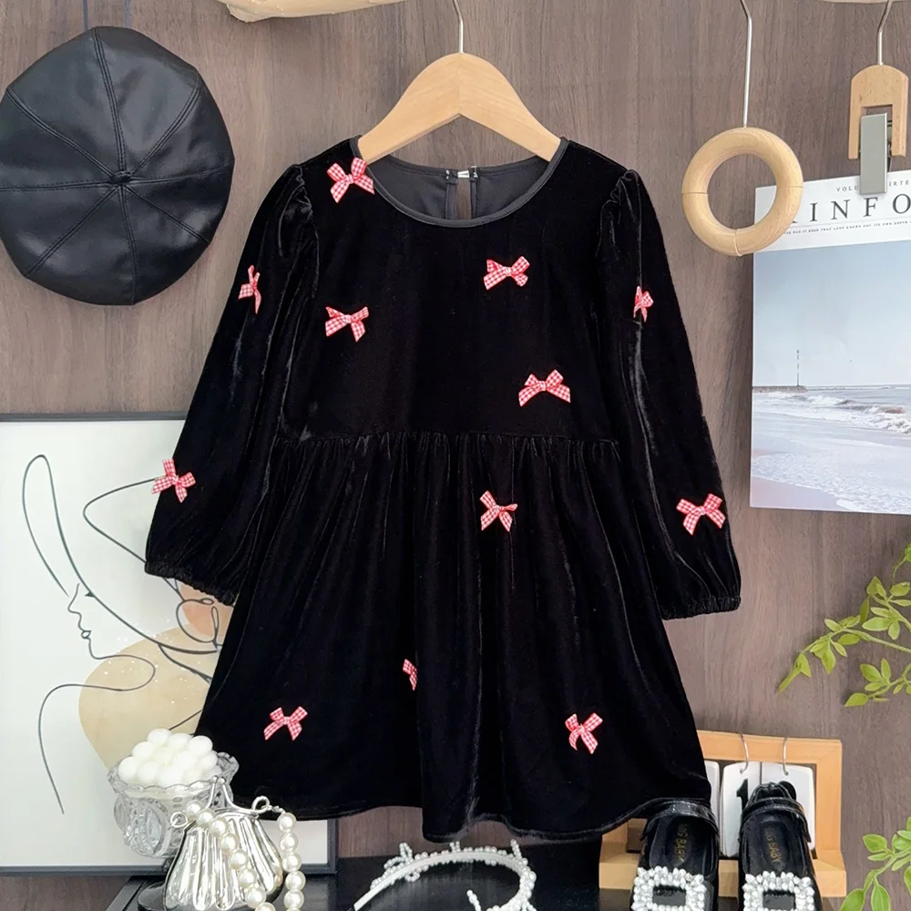 2024 Autumn New Elegant and Cute Girls' Dress Black Velvet Like Long Sleeve Bow Daily Casual Frock Children's Clothing