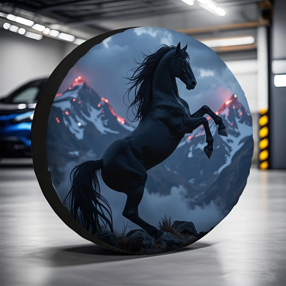 

Rearing Black Horse Mountain Night Scene Spare Tire Cover Durable Polyester Weatherproof Wheel Protector