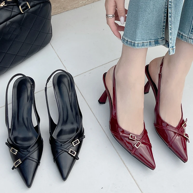 Big Size Footwear Wine Red Women High Heels Shoes Fashion Pointed Toe Pumps Ladies Thin Heels Shoes Female Slingbacks Slides