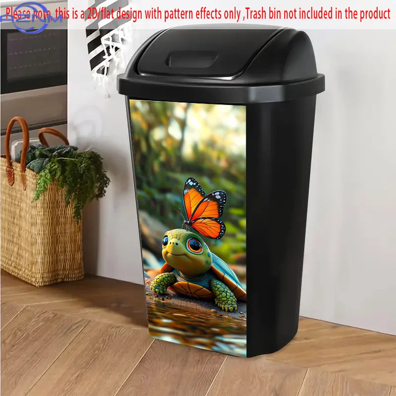 Turtle with Butterfly Pattern Self-Adhesive Dustbin Stickers, PVC Trash Can Decorative Stickers, Wheelie Bin Stickers,  Suitab