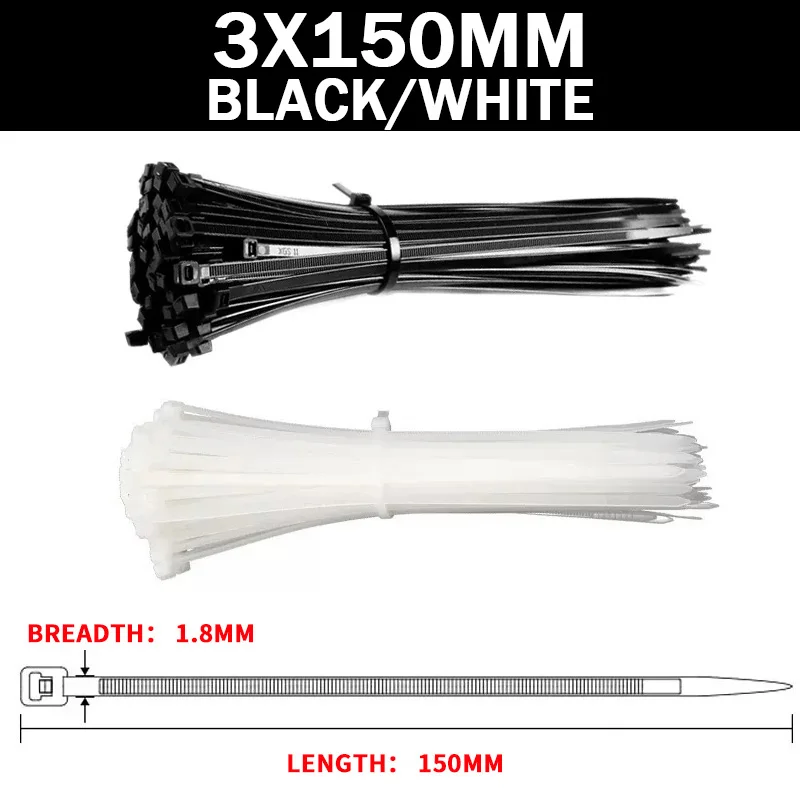 TOOSN 1000Pcs Self-locking Plastic Nylon Cable Tie White/Black 3*100mm Cable Tie Fastening Ring Cable Tie Zip Wraps Strap Tie