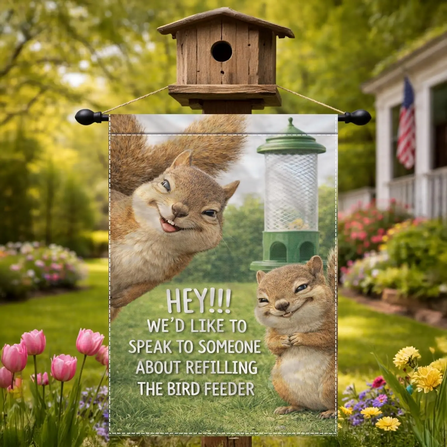 Funny Squirrel Garden Flag 12x18 Inch Backyard Bird Feeder Humor Double Sided Polyester Outdoor Yard Decor cci