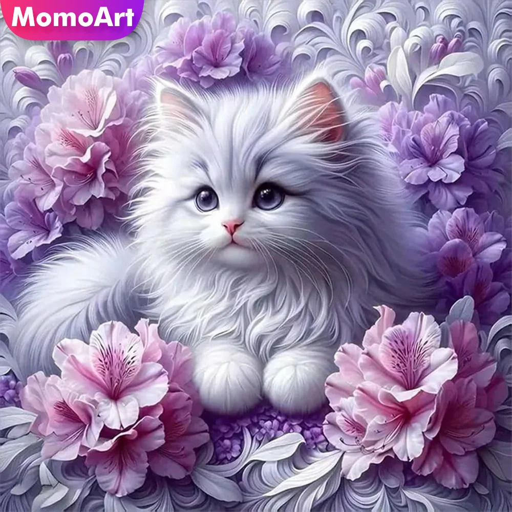 Momoart Tier-Diamantmalerei Katze DIY Stickerei Blumen Acryl Bastelbedarf Strass Mosaik Vollquadratisch Rund Wanddekoration