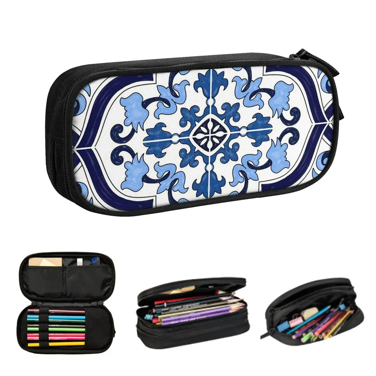 

Blue Ornate Floral Mediterranean Sicilian Tile 1 Pencil Cases for Student Gifts Pen Box Pencil Bag Pencil Pouch Storage Supplies