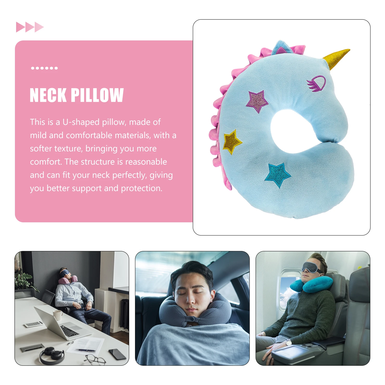 

Cute Unicorn Neck Pillow Cartoon Shaped Cushion U-shaped Blue Travel Pillow Comfortable Support for Office Home Use