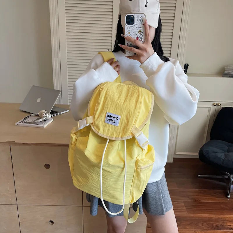 Women Nylon Flap Backpack Female Drawstring Buckle Daypack Ladies Casual Travel School Bag Lightweight Rucksack Pack Bags