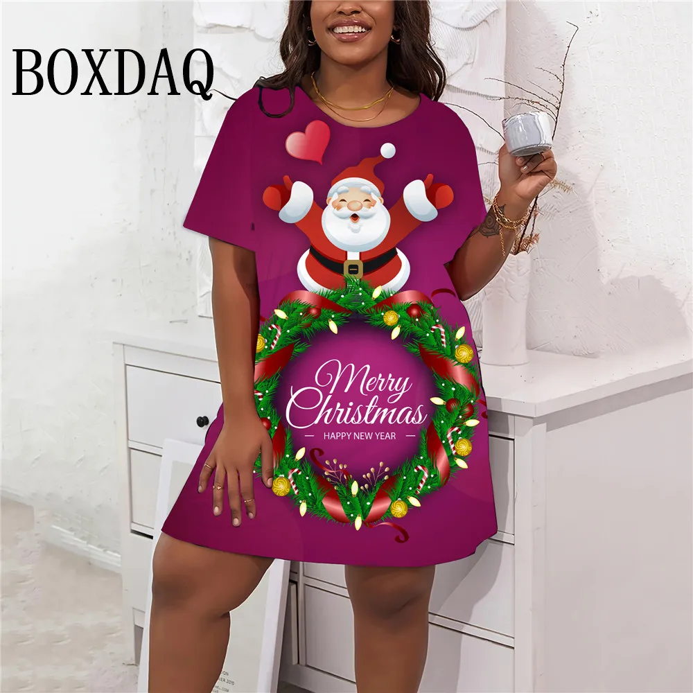 Winter Christmas Tree Party Mini Dresses For Women 2024 New Casual 3D Printed Short Sleeve A-Line Dress Plus Size Loose Clothing