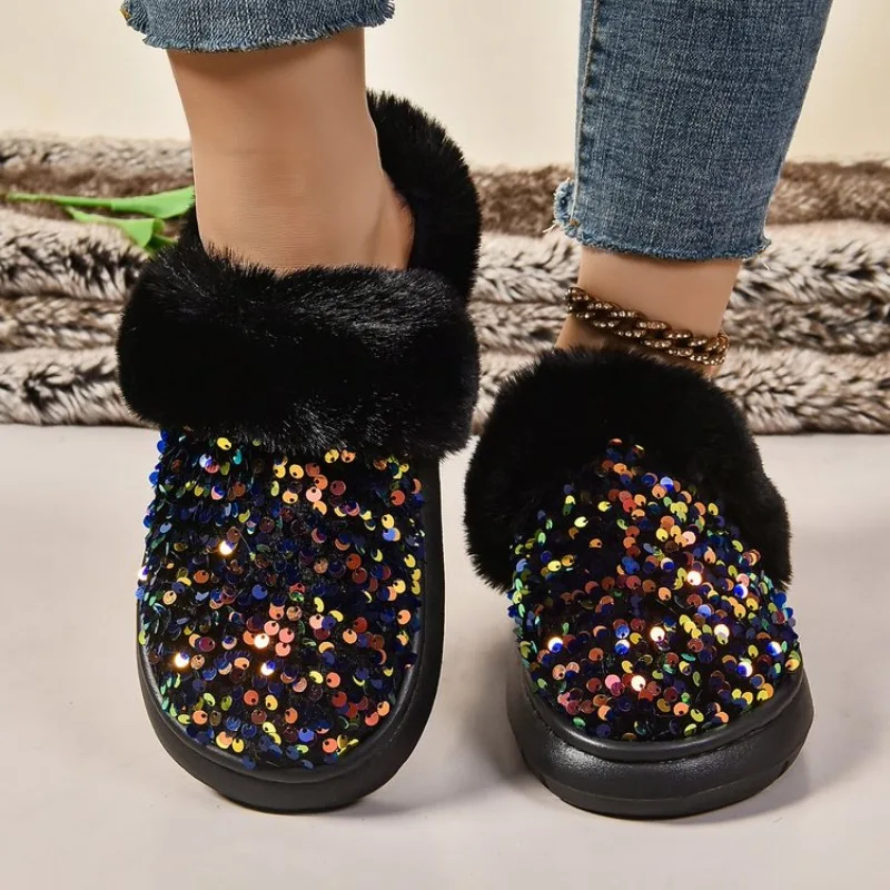 Shining Sequins Home Fur Slippers Women 2026 Winter Warm Plush Flat Cotton Shoes Woman Indoor Bedroom Soft Sole Fluffy Slippers