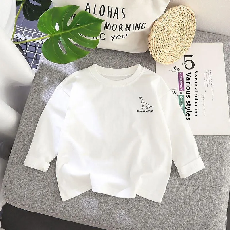 

Long Sleeve Pure Cotton round Neck Overhead T-Shirt for Boys Spring Autumn Dinosaur Print Base Shirt Children's Clothing
