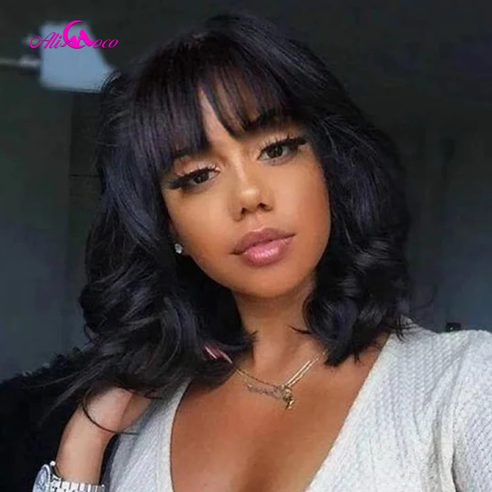 

Human Hair Short Black Bob Wig With Bangs 180 Density 4x1 Lace Scalp Bob Bang Wig Human Hair For Women