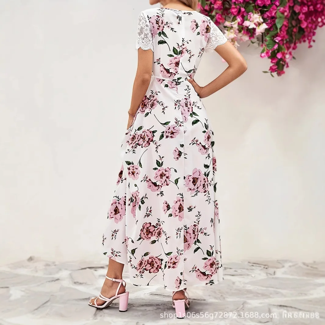 Women's V Neck Floral Print Short Sleeve Split Long Dress Summer Dresses Elegant Maxi Dress