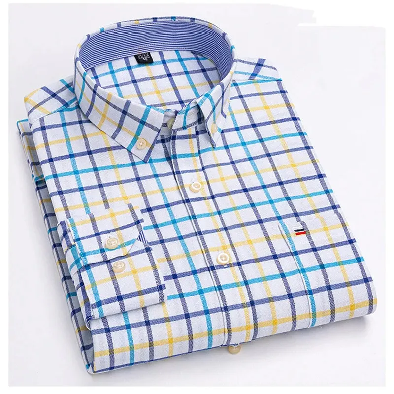 2024 new Men's Shirt Long sleeved Spring Autumn Oxford Cotton Comfortable Breathable Business Casual Plaid Solid Color 6XL 7XL