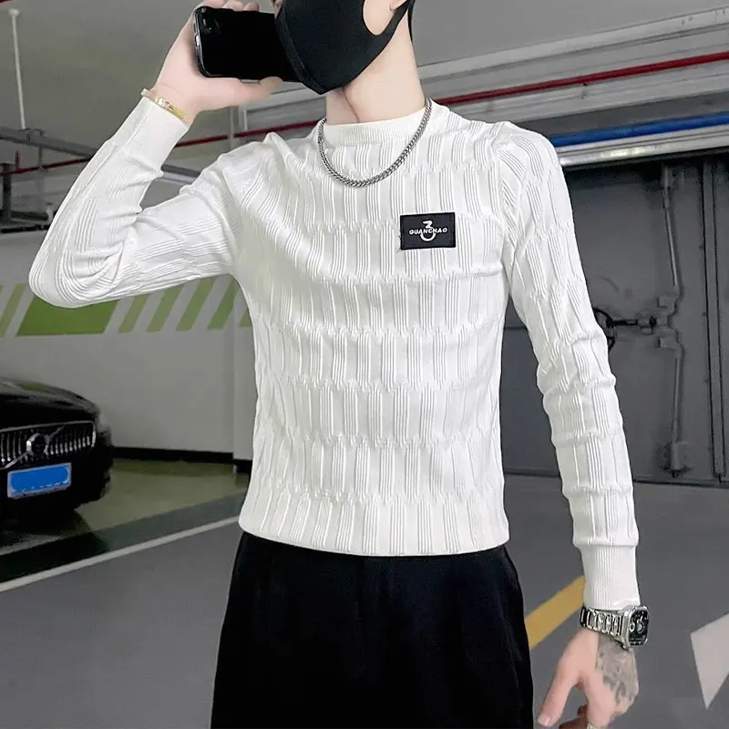 

Basic Fashion Patch Designs Pullovers Men's Clothing Casual O-Neck Spring Autumn Long Sleeve Slim Daily Jacquard Weave T-shirts