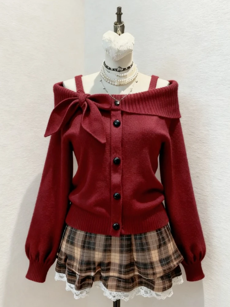 

Christmas Bow Strap Off-shoulder Knitted Red Sweater Women 2000s Retro Sexy Autumn and Winter Pullover Female Even Party Y2k Top