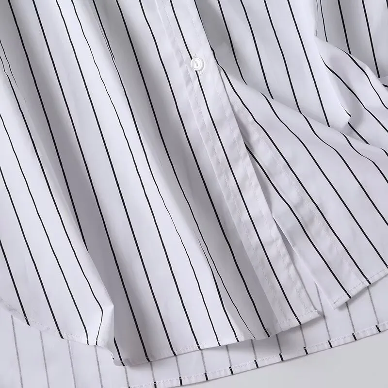 Women\'s French Commuter Style Comfort Pinstripe Shirt Crew Neck Long Sleeves Loose Stripe Blouse Top Fall New Female Chic Shirts