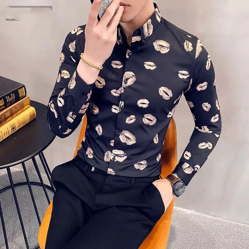 Spring Autumn New Turn-down Collar Fashion Long Sleeve Shirt Man Button Patchwork Printing Y2K Cardigan Casual All-match Tops