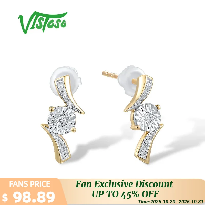 

VISTOSO Genuine 9K 375 Two Tone Gold Stud Earrings For Women Sparkling Diamond Wedding Anniversary Simple Fashion Fine Jewelry
