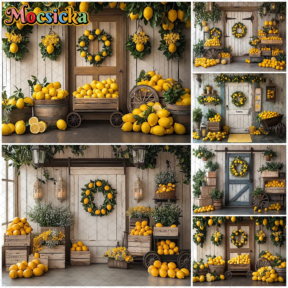 

Mocsicka Spring Photo Backdrop Yellow Lemon Wooden Door Wallpaper Decoration Adult Child Birthday Party Background Studio Banner