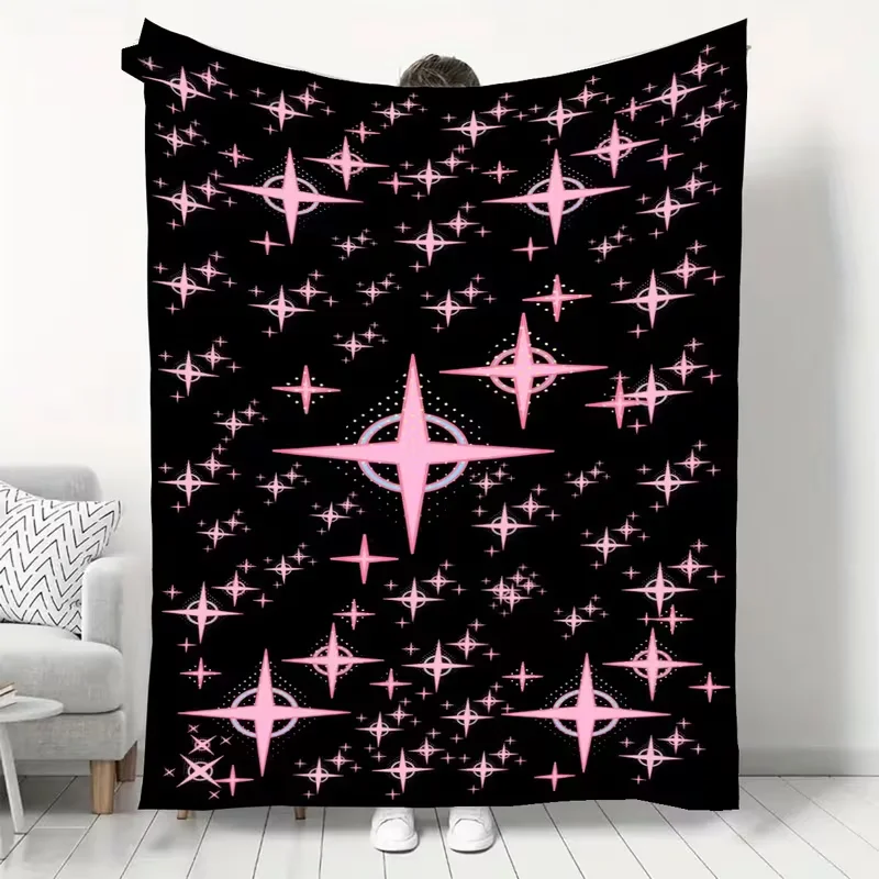 Y2K Pink Four Point Star Flannel Throw Blanket Black Background Glowing Celestial Star Print Soft Cozy Blanket All Season Use