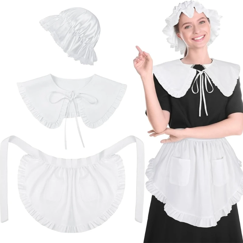 Women Teens Girls Cosplay Maid Costumes Accessories White Half Apron Shawl Headgear Novelty Dress Up Party Pilgrim Clothes Props