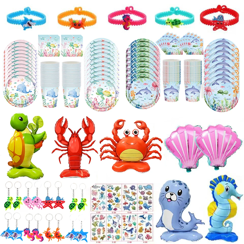 Ozean- und Meerestier-Themenparty-Zubehör Meerestier-Tischgeschirr Schlüsselanhänger Schildkröte Krabbe Seepferdchen Hai Ballon Partydekoration