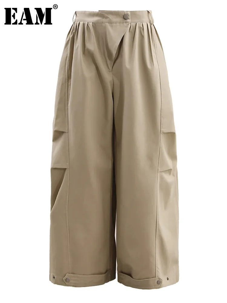 [EAM] High Elastic Waist Khaki Pleated Long Wide Leg Casual Pants New Trousers Women Fashion Tide Spring Autumn 2024 CPG1480