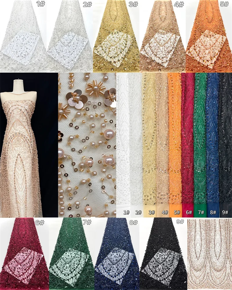African Sequins Lace Fabric 2025 High Quality Lace French Nigerian Groom Lace Mesh Fabrics Beads For Sewing Dress Wedding Party