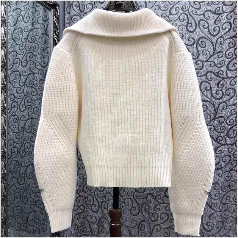 High Quality New Sweaters 2024 Autumn Winter Jumpers Women Turn-down Collar Wool Blend Knitting Long Sleeve Casual Beige Sweater