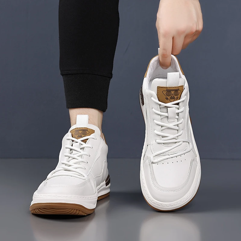 

Mens Simple White Brown Genuine Leather Mid Top Sneakers Lace Up Casual Comfortable Shoes For Business Daily Street Style