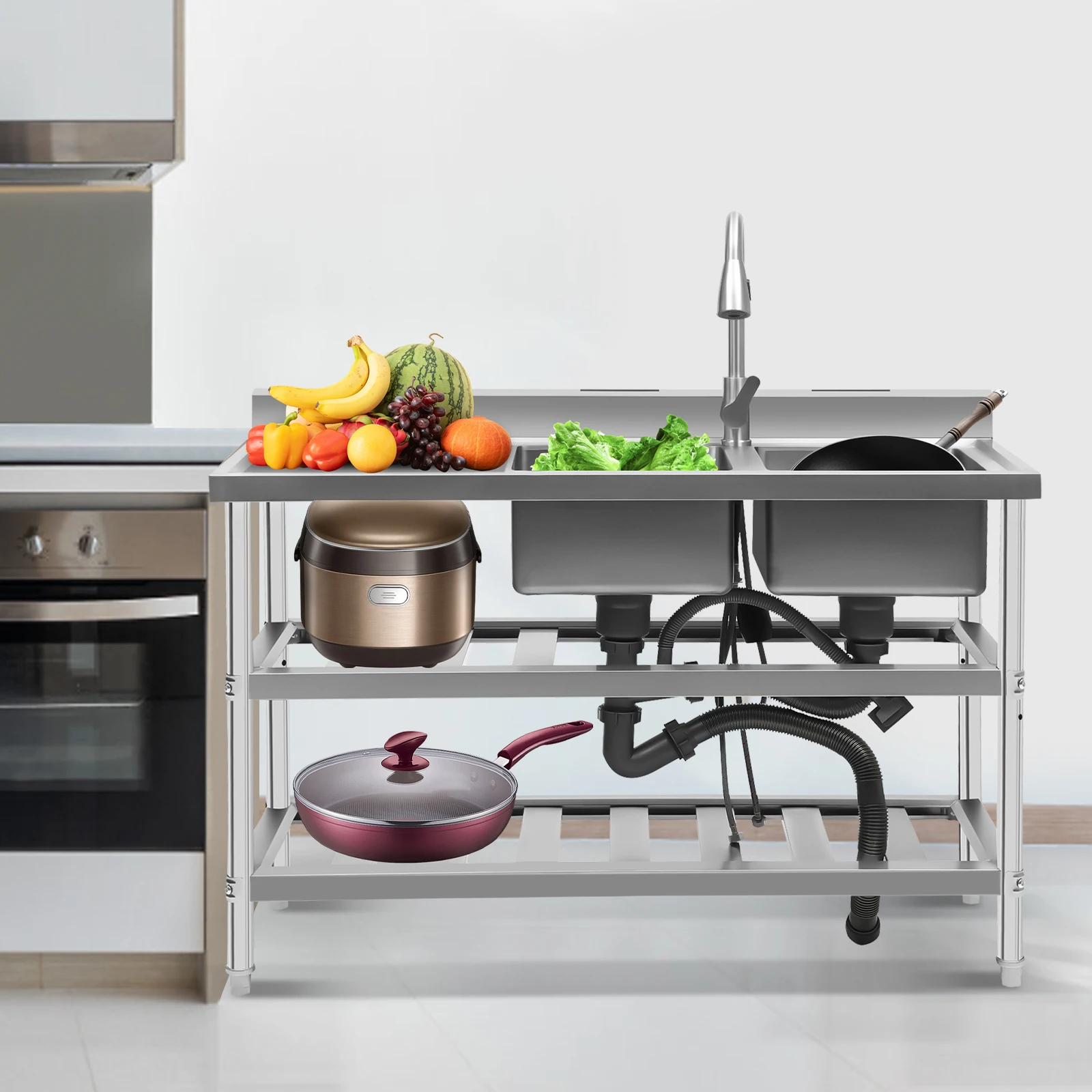 حوض مطبخ حديث من الفولاذ المقاوم للصدأ 201 قائم بذاته مقاس 120 × 45 × 81 سم مع صنبور مياه ساخن وبارد قابل للسحب