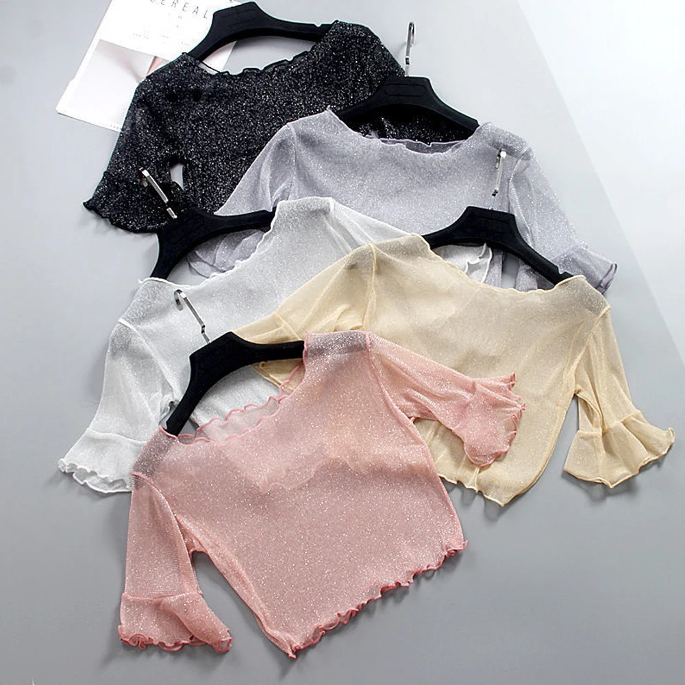 

Sexy Shiny Bling Bling Thin Mesh T Shirt Women S-2XL Black See Through Club Party Cute Flare Sleeve Mini Tee Shirts Crops Tops