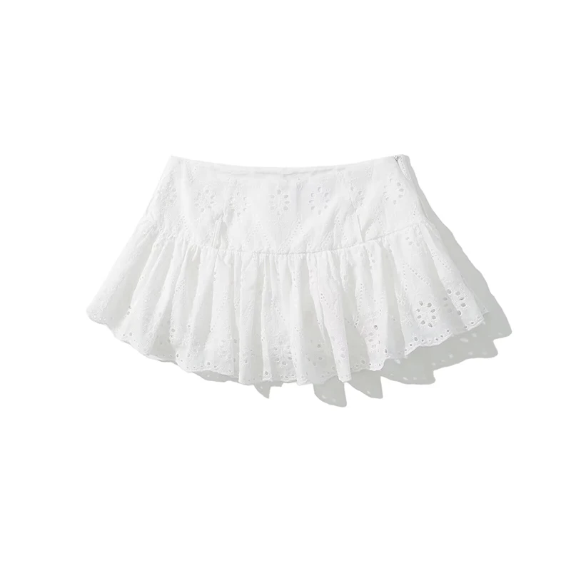 Cool Girl Hollow Out Embroidery White Mini Skirt For Women Sexy Low Waist Summer Skirts With Shorts Lining 5FWA