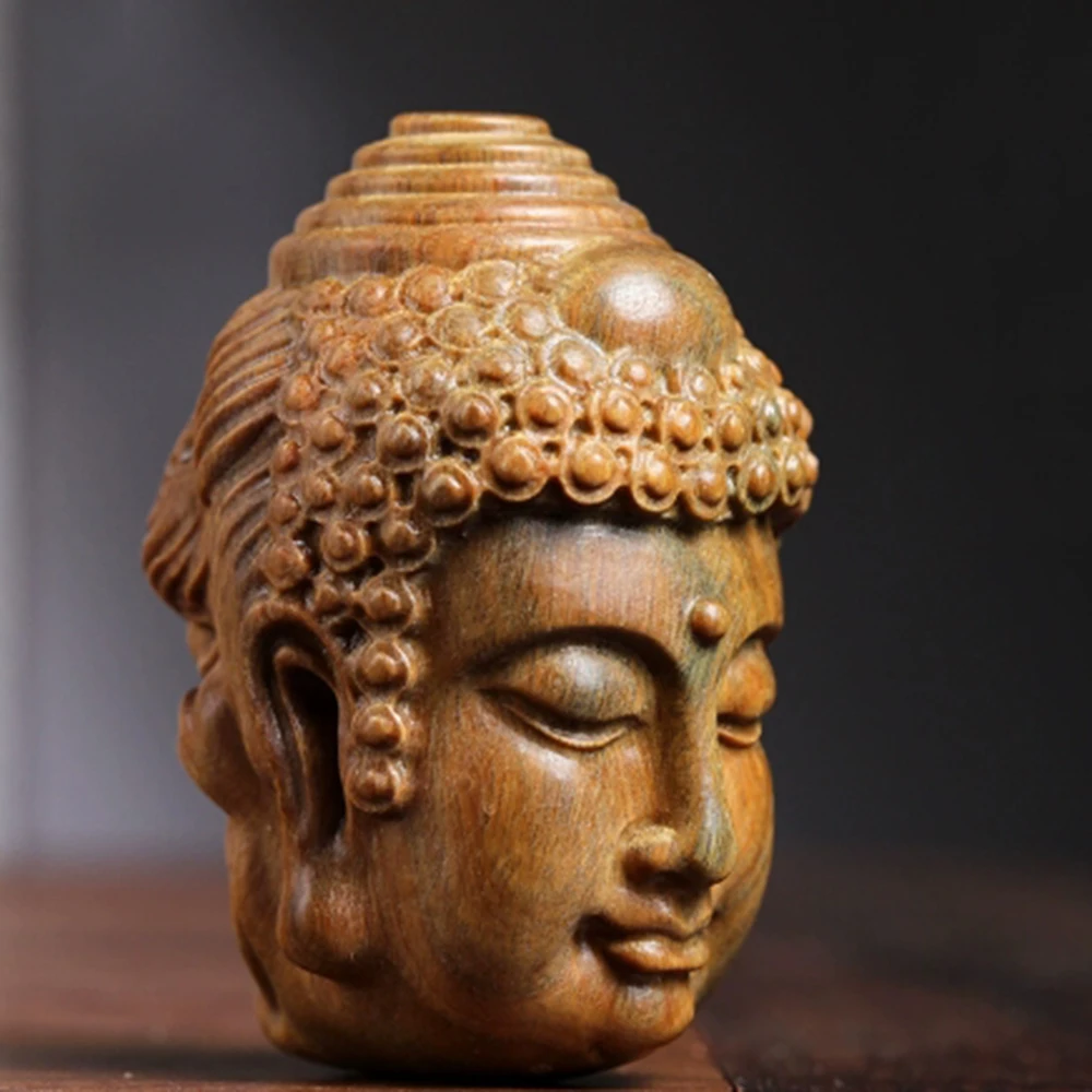 Y159, 2.4 INCH Japanese Green Sandalwood Hand Carved Netsuke Sculpture Miniature : Buddha and Demon in One